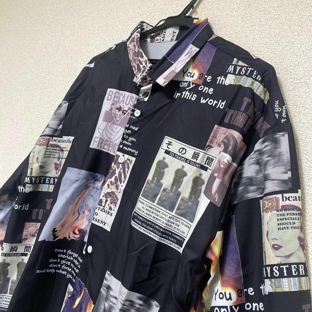 長袖シャツ 柄物 黒 バンド コラージュ 写真 韓国 羽織 オープンカラーシャツ メンズのトップス(シャツ)の商品写真