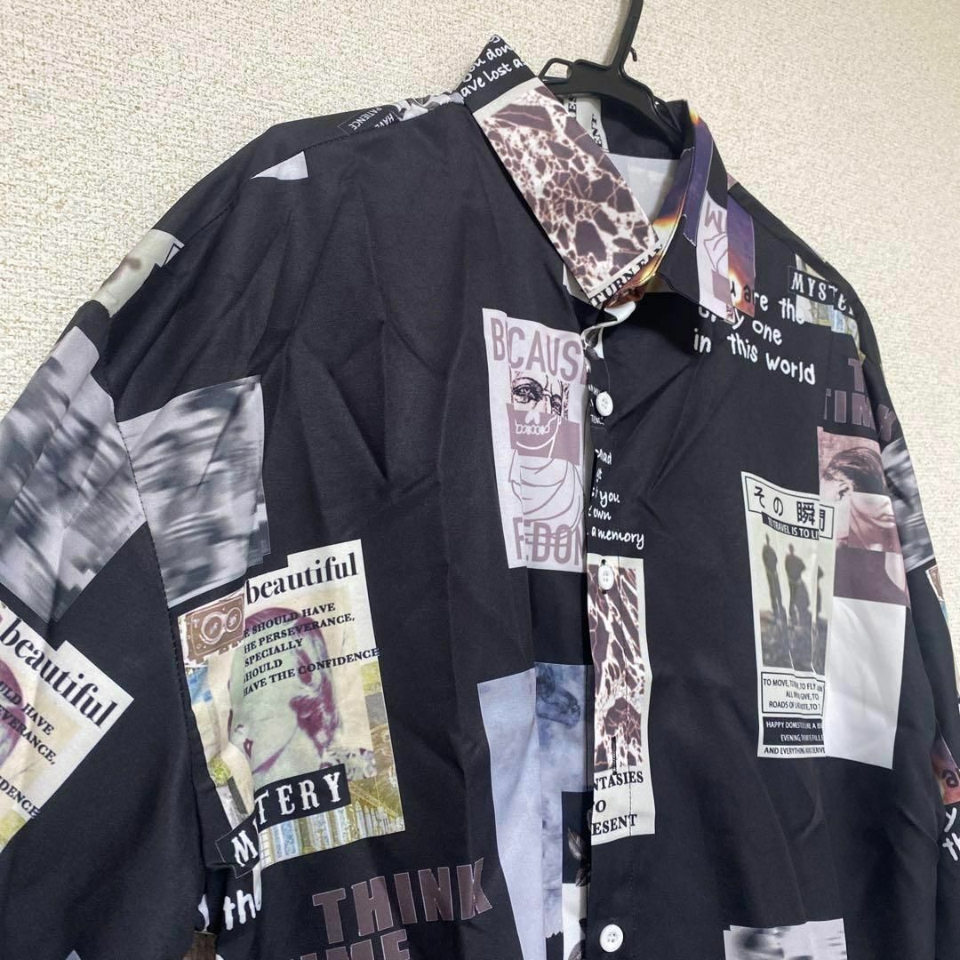 長袖シャツ 柄物 黒 バンド コラージュ 写真 韓国 羽織 オープンカラーシャツ メンズのトップス(シャツ)の商品写真