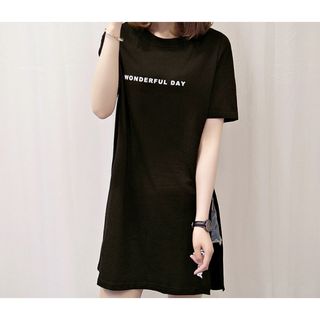 ワンポイントロゴ フェイクTシャツ ワンピース風 ブラック　ルームウェア　L(ひざ丈ワンピース)