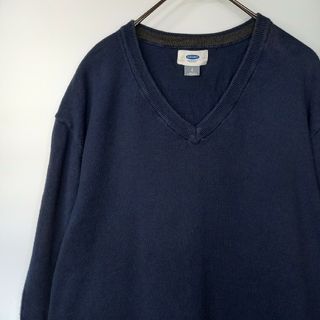 オールドネイビー(Old Navy)のOLD NAVY　Vネック　コットンニット　セーター　無地　薄手　ネイビー　L(ニット/セーター)