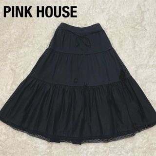 ピンクハウス(PINK HOUSE)の美品　ピンクハウス　フラワーリボン付き　裾レース　ティアード　スカート　ブラック(ロングスカート)