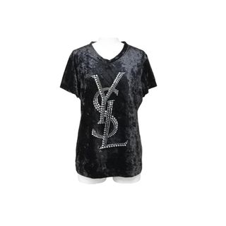 サンローラン(Saint Laurent)のYVES SAINT LAURENT イヴサンローラン ラインストーン ベルベット Tシャツ ブラック Mサイズ 90's 美品 中古 56442(Tシャツ(半袖/袖なし))