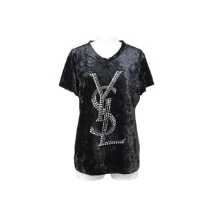 サンローラン(Saint Laurent)のYVES SAINT LAURENT イヴサンローラン ラインストーン ベルベット Tシャツ ブラック Mサイズ 90's 美品 中古 56442(Tシャツ(半袖/袖なし))