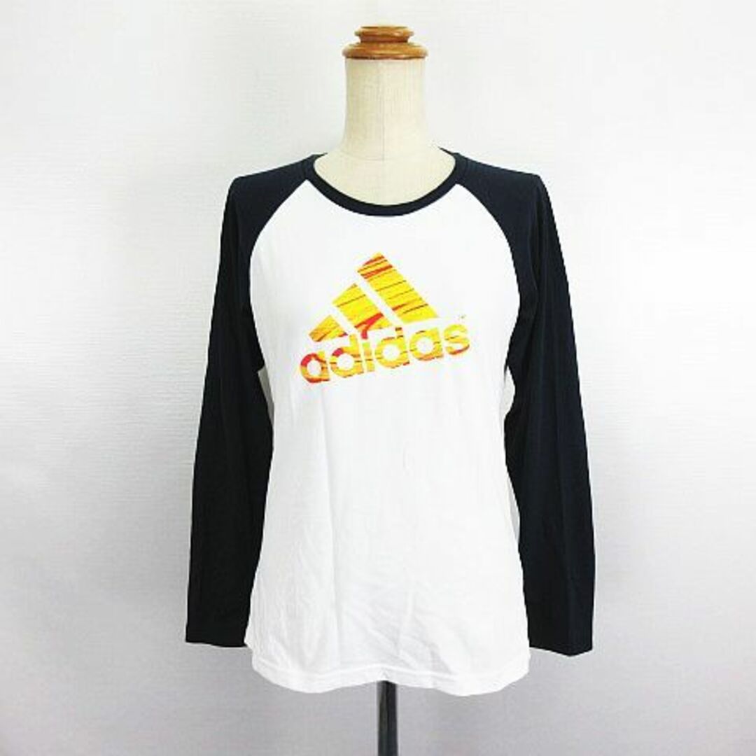 adidas(アディダス)のアディダス Tシャツ 長袖 クルーネック ロゴ UVケア L ホワイト×ネイビー レディースのトップス(Tシャツ(長袖/七分))の商品写真