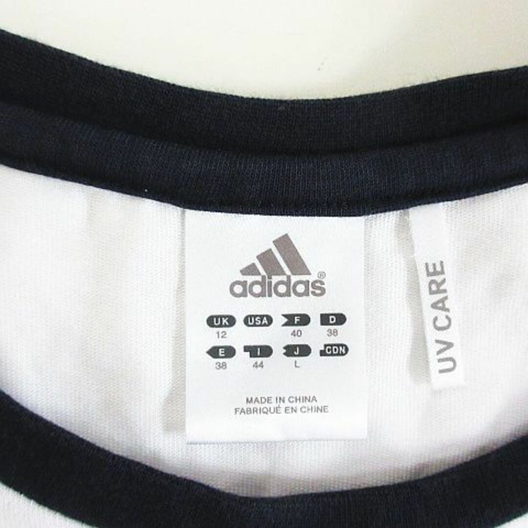 adidas(アディダス)のアディダス Tシャツ 長袖 クルーネック ロゴ UVケア L ホワイト×ネイビー レディースのトップス(Tシャツ(長袖/七分))の商品写真