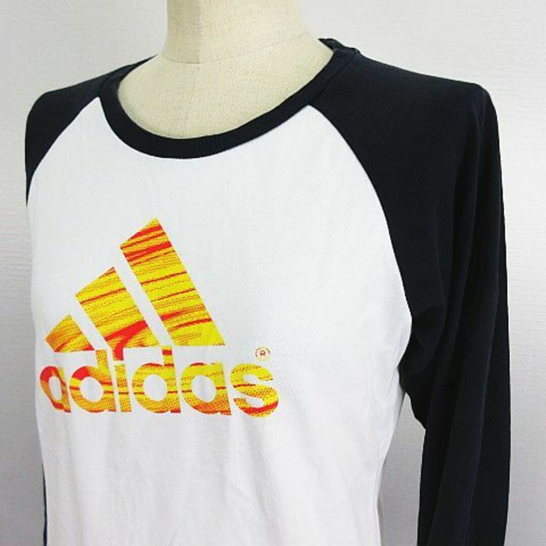 adidas(アディダス)のアディダス Tシャツ 長袖 クルーネック ロゴ UVケア L ホワイト×ネイビー レディースのトップス(Tシャツ(長袖/七分))の商品写真