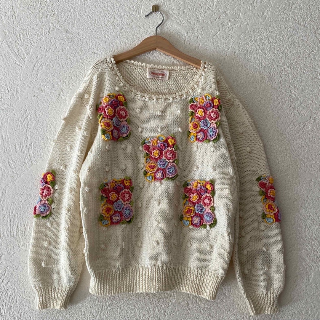 vintageヴィンテージレトロusedぽんぽんフラワー花柄刺繍ニット