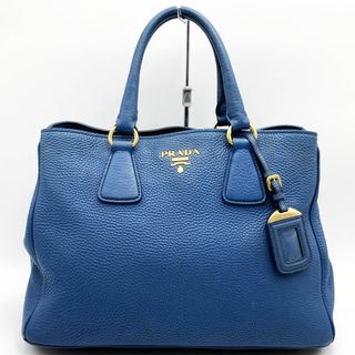 プラダ(PRADA)の【中美品】 PRADA プラダ ハンドバッグ トートバッグ バッグ ロゴ ブルー 青 ゴールド金具 レザー レディース ファッション USED 【中古】(ハンドバッグ)