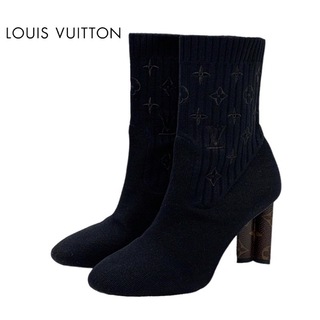 ルイヴィトン(LOUIS VUITTON)のルイヴィトン LOUIS VUITTON シルエットライン モノグラム ブーツ ショートブーツ アンクルブーツ ロゴ ニット ブラック 黒(ブーツ)