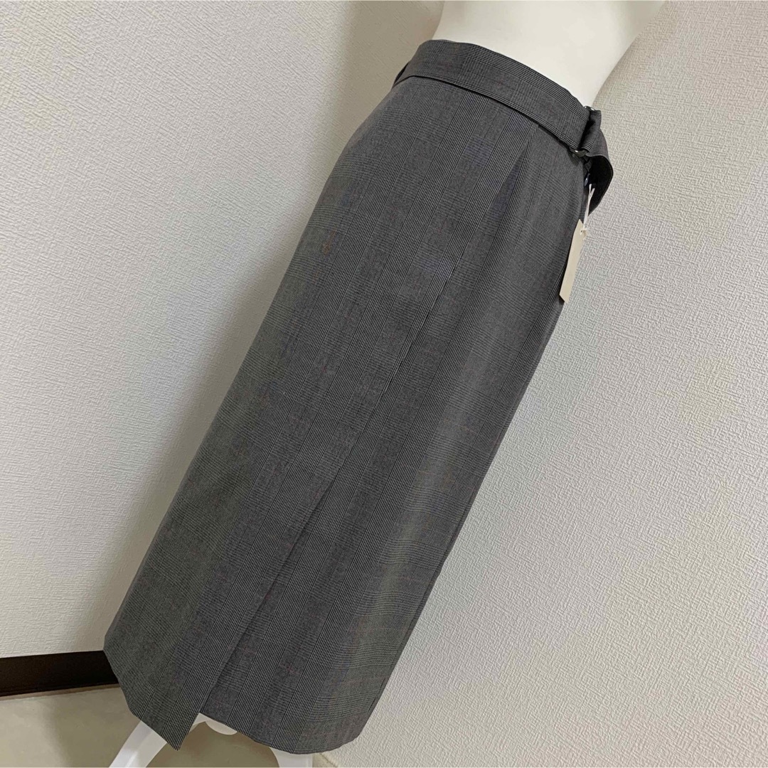 【新品タグ付】INEDベルト付きラップ風チェックタイトスカート　黒　サイズ11