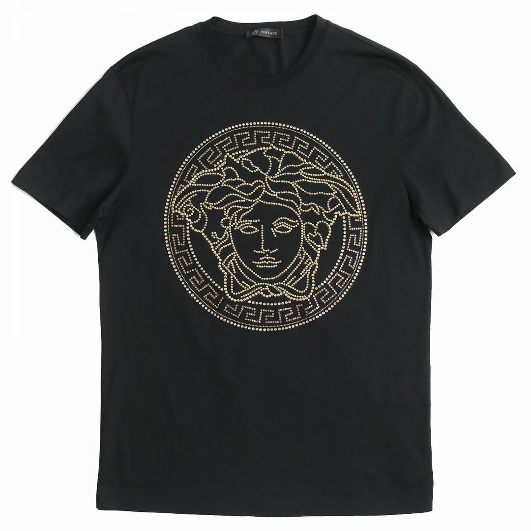 49cm着丈極美品△正規品 VERSACE ヴェルサーチ A77987 エンベリッシュド メドゥーサ ロゴ Tシャツ 半袖 スタッズ メンズ ブラック S イタリア製