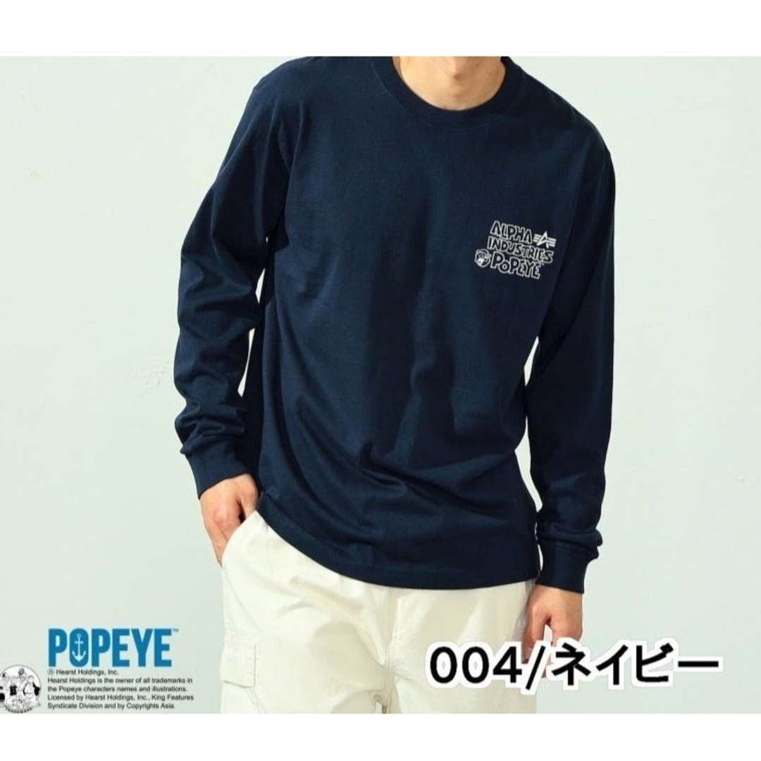 トップスPOPEYE(TM)×ALPHA バックプリントTシャツ長袖 ネイビー (XL)