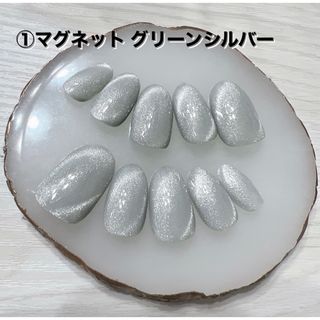 ①ネイルチップ ハンドメイド マグネット グリーンシルバー