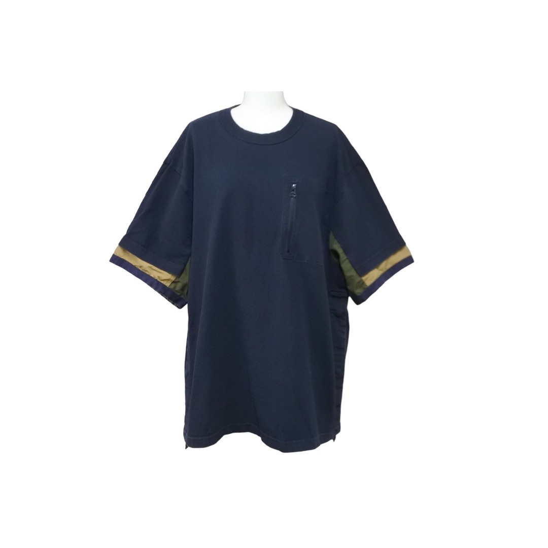 Sacai サカイ 半袖Ｔシャツ 異素材 ドッキング サイドスナップ ネイビー カーキ サイズ4 22-02733M 美品  56011約52cm着丈