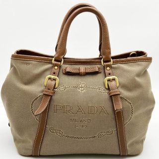 PRADA プラダ ジャガードファブリック レザー シンボル エンブロイダリー トートバッグ 1BA356 ベージュ/ブラック by