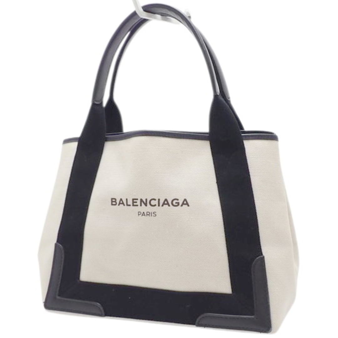 BALENCIAGA(バレンシアガ) ネイビーカバ スモール トートバッグ NAVY CABAS S ハンドバッグ キャンバス カーフ オフホワイトアイボリー ブラック黒 シルバー金具 339933 AQ38N 1081 レディース 40601105863【アラモード】