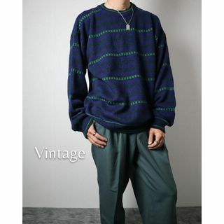 アートヴィンテージ(ART VINTAGE)の【vintage】ミックス ボーダー ワッフル編み ニット セーター 濃紺 緑(ニット/セーター)