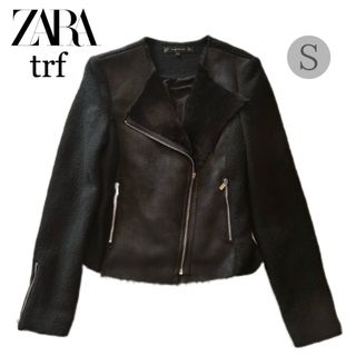 ザラ(ZARA)のZARA TRF  切替え ライダース ジャケット ウール混 ファー 黒 S(ライダースジャケット)