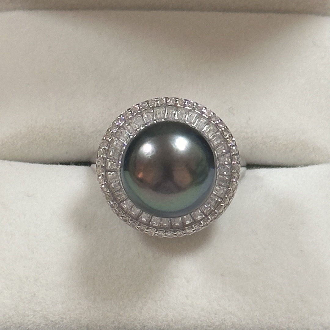 タヒチ黒蝶真珠リング　指輪　ブラックグリーン　天然色　本真珠　11.5mm