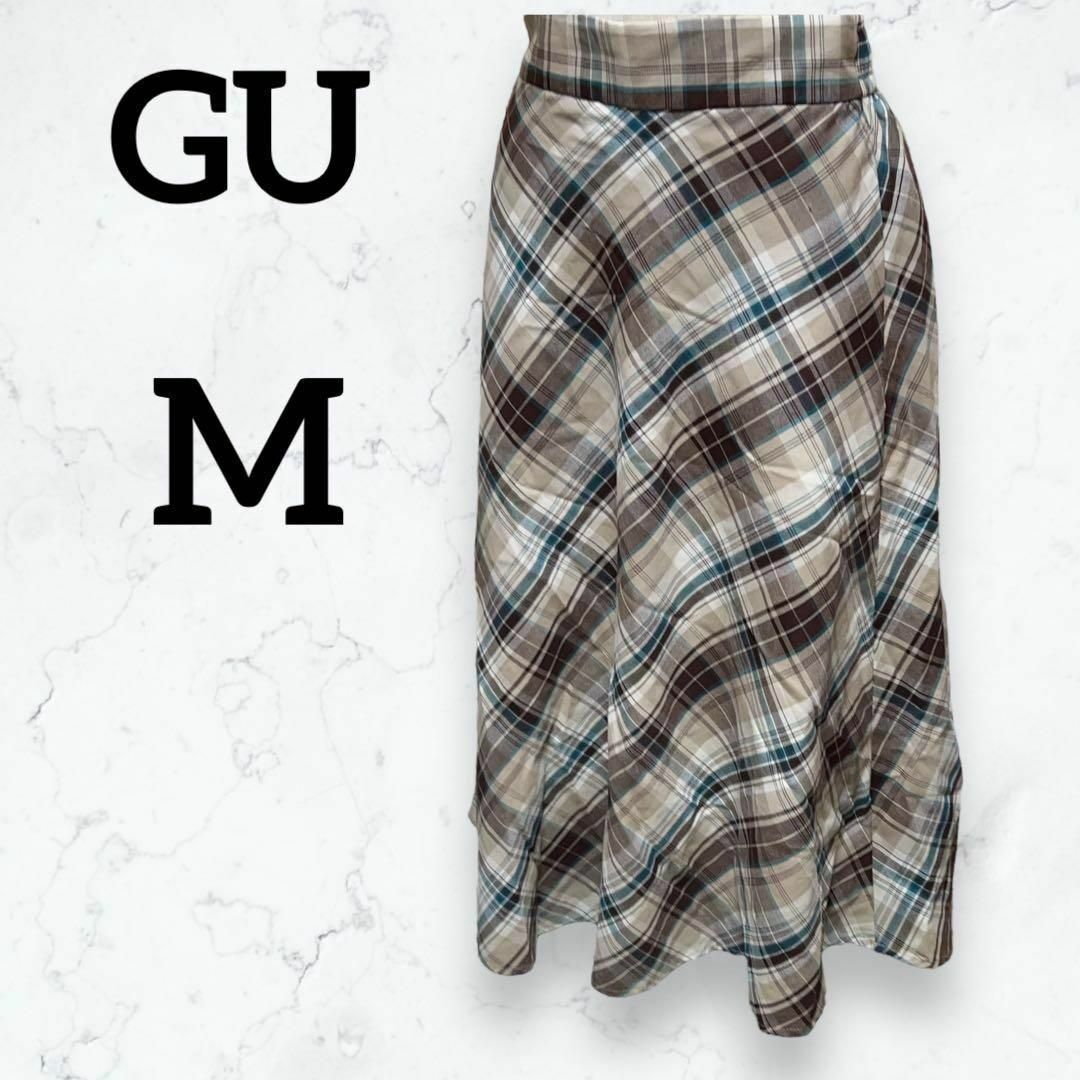 【GU】ジーユー フレアスカート(M) チェック柄 茶系 裏地あり ポケットあり レディースのスカート(ひざ丈スカート)の商品写真