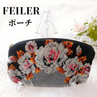 フェイラー(FEILER)の【美品✴️】FEILER 横長ポーチ　黒　花柄　ロゴ入りファスナースライダー(ポーチ)