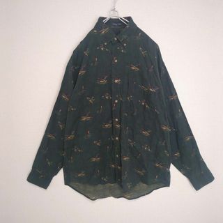 アートヴィンテージ(ART VINTAGE)の★総柄シャツ アニマル 鳥 チェック 胸ポケット モスグリーン 古着★(シャツ)