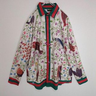 アートヴィンテージ(ART VINTAGE)の★デザインシャツ 総柄 ボタニカル 花柄 アニマル 鳥 デザインボタン★(シャツ)