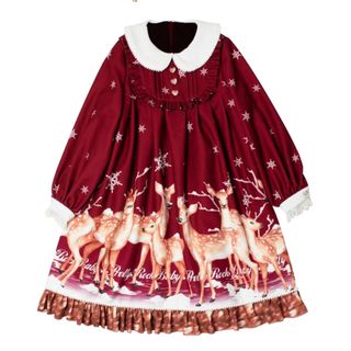 アンジェリックプリティー(Angelic Pretty)のトナカイのクリスマス　白赤ワンピースとつけ襟　ロリータ ゆめかわ　地雷系　冬着(ひざ丈ワンピース)