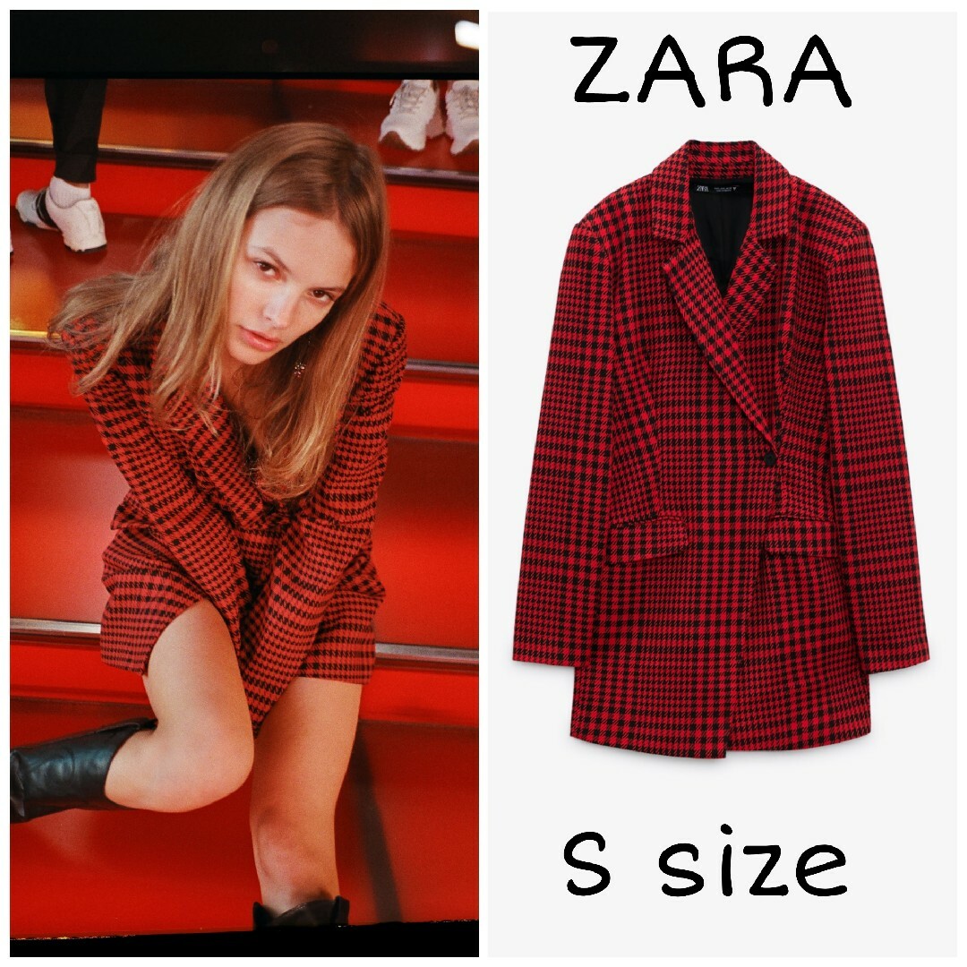 ZARA(ザラ)のZARA　ハウンドトゥース プレイスーツドレス　Sサイズ　レッド/ブラック レディースのワンピース(ミニワンピース)の商品写真