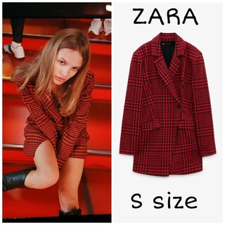 ザラ(ZARA)のZARA　ハウンドトゥース プレイスーツドレス　Sサイズ　レッド/ブラック(ミニワンピース)