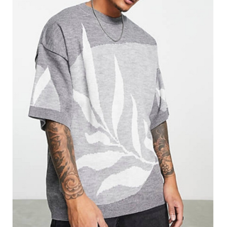 エイソス(asos)のASOS Topman リーフプリントオーバーサイズニットTシャツ/grey(Tシャツ/カットソー(半袖/袖なし))