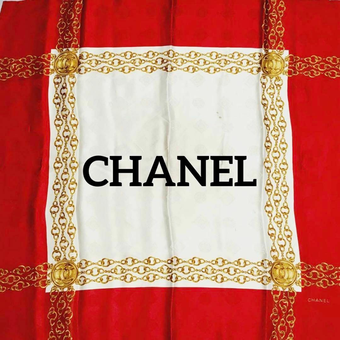 ★CHANEL★ スカーフ 大判 ココマーク チェーン メダル 地紋 レッドMercatoPecora