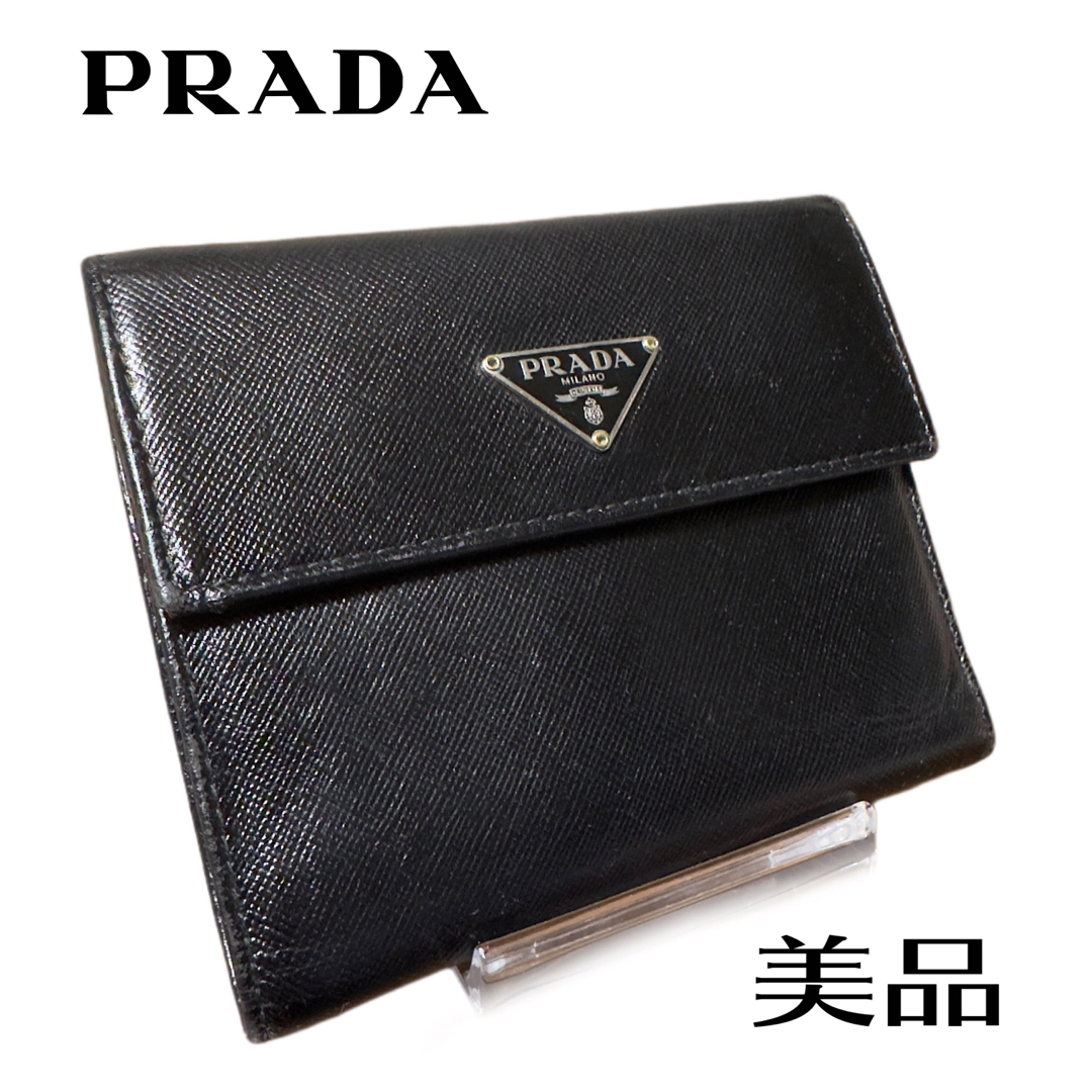 PRADA◇サフィアーノ/長財布/レザー/BLK/無地/スレ・使用感有-