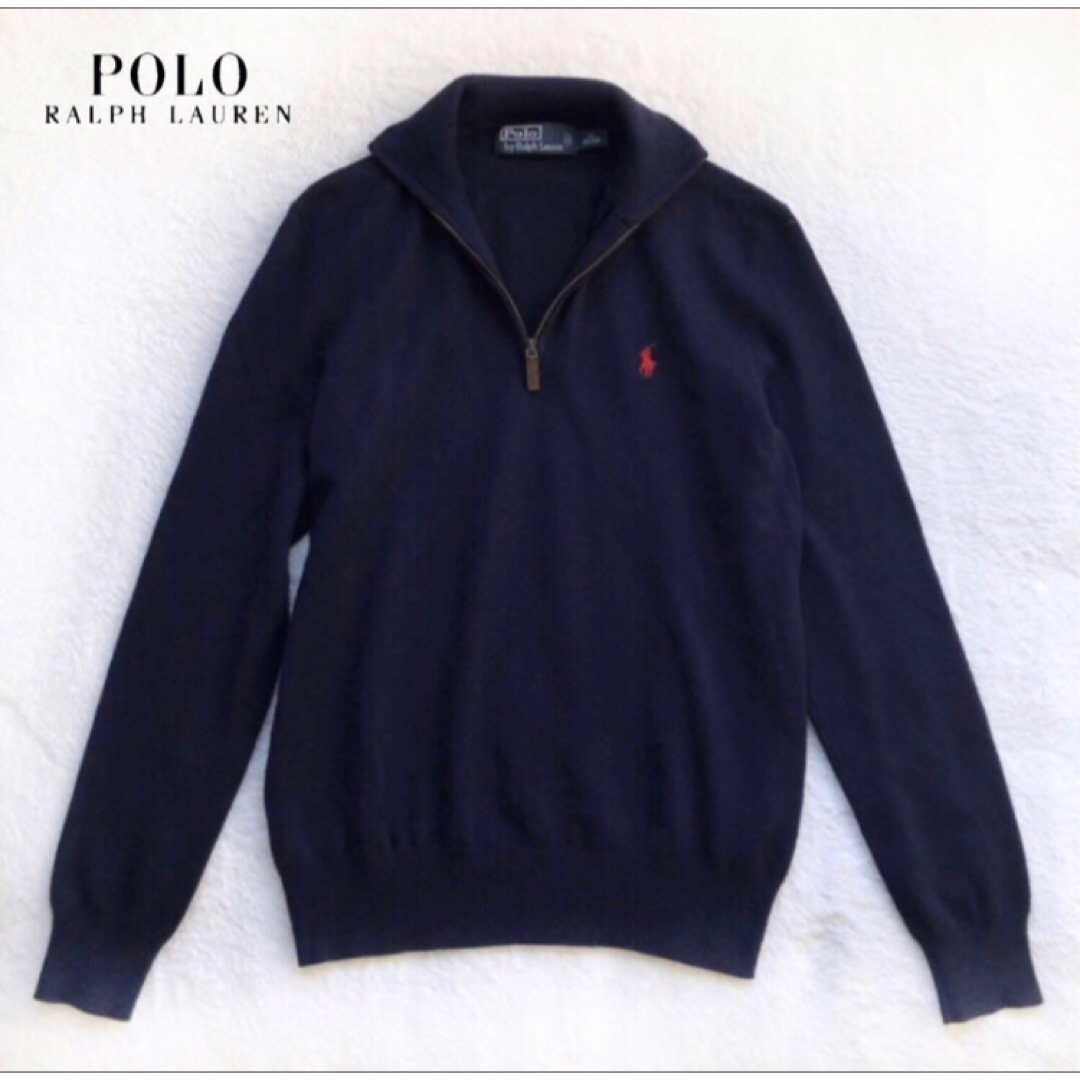 美品 RALPH LAURENラルフローレン ハーフジップ ニット ネイビー-