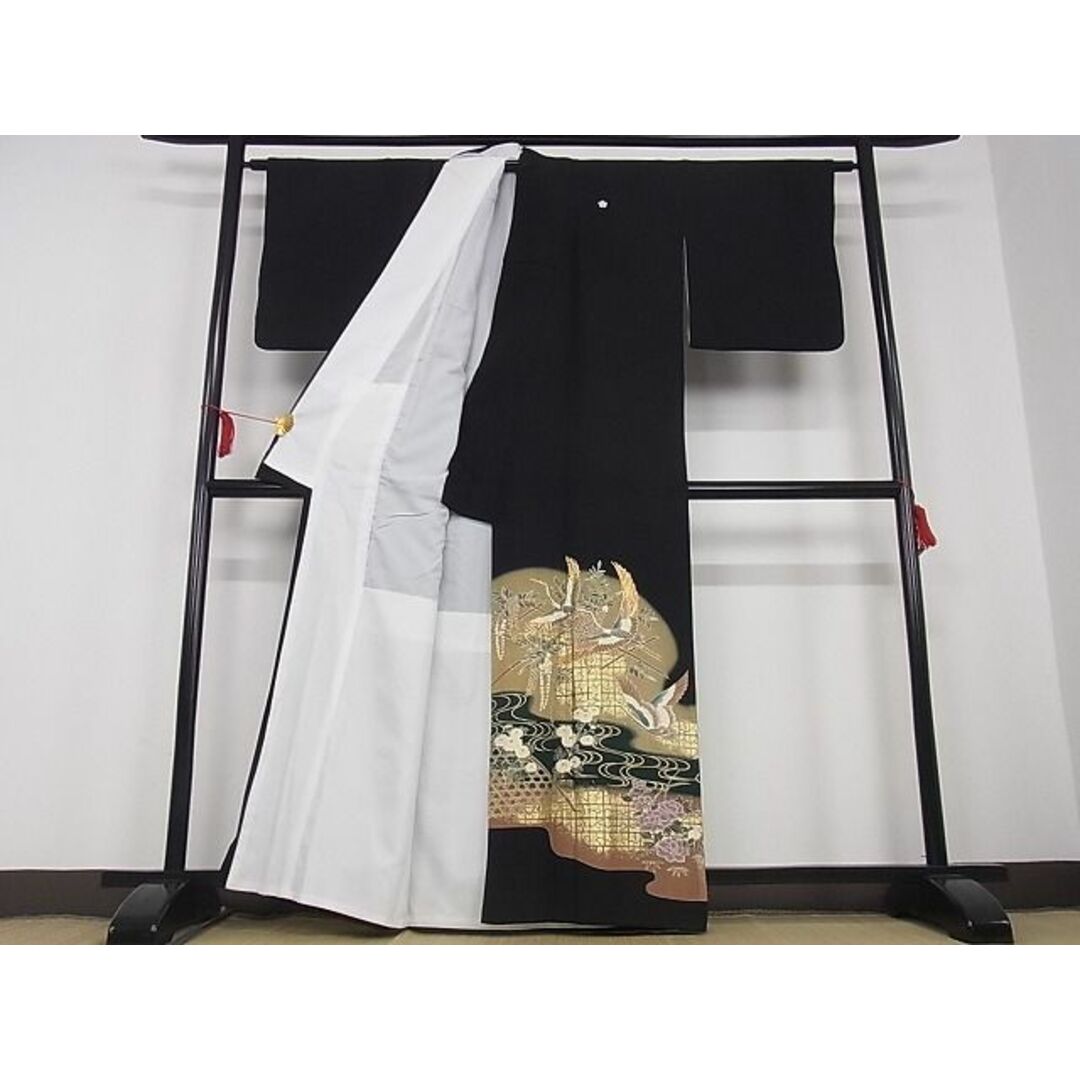 平和屋-こころ店■豪華黒留袖 駒刺繍 飛鶴花文 暈し染め 金彩 着丈161cm 裄丈64.5cm 正絹 逸品 B-ag4687