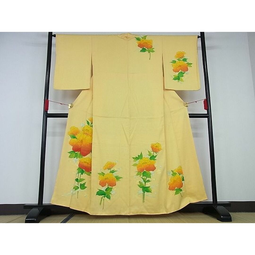 平和屋-こころ店□訪問着 手描き 牡丹文 着丈158cm 裄丈65cm 正絹 逸品 ...