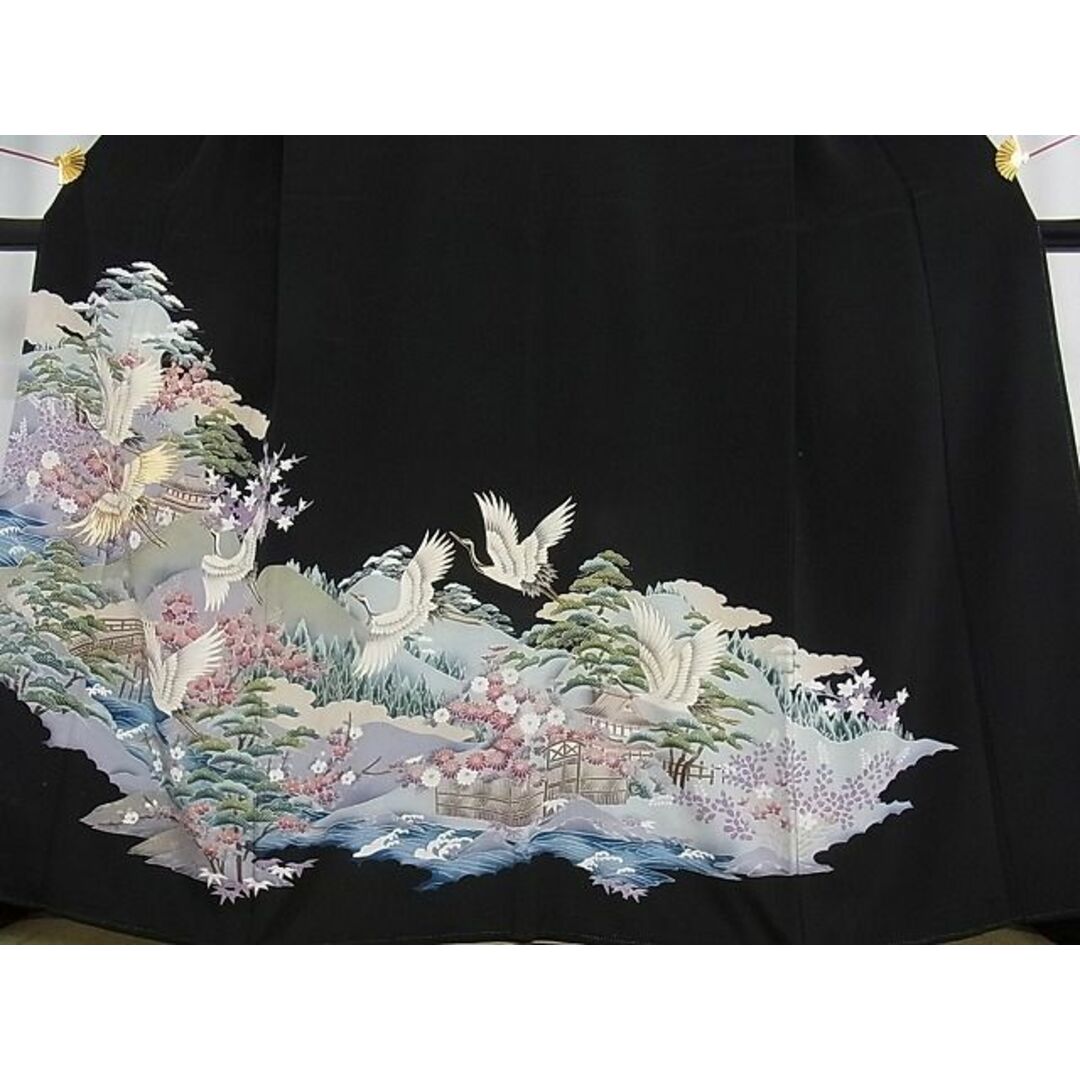 平和屋-こころ店■豪華黒留袖 駒刺繍 貝合わせ人物風景花文 金彩 着丈168cm 裄丈67.5cm 正絹 逸品 未使用 B-wt9364