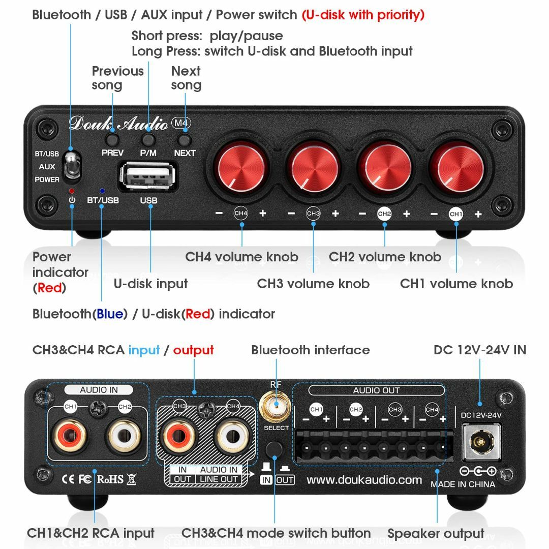 Douk Audio 4 チャンネル Bluetooth アンプ, 50W×4