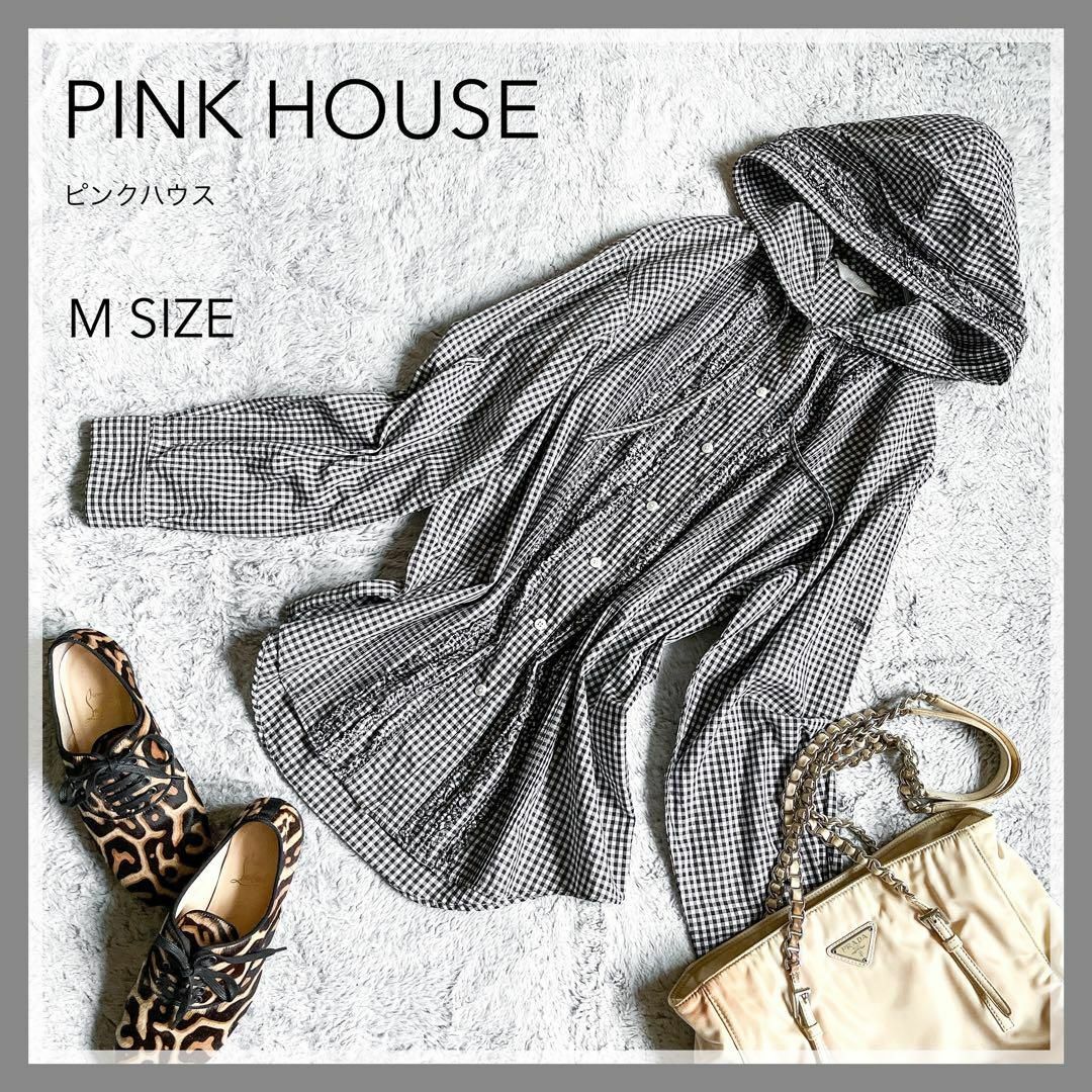 【PINK HOUSE】ピンクハウス ピコフリル フード付ブラウス チェック M