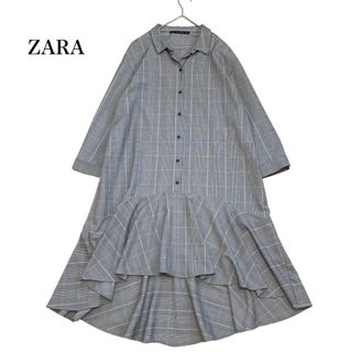 ザラ(ZARA)の美品 ザラ グレンチェック アシンメトリー フリル ワンピース グレー系 L(ロングワンピース/マキシワンピース)