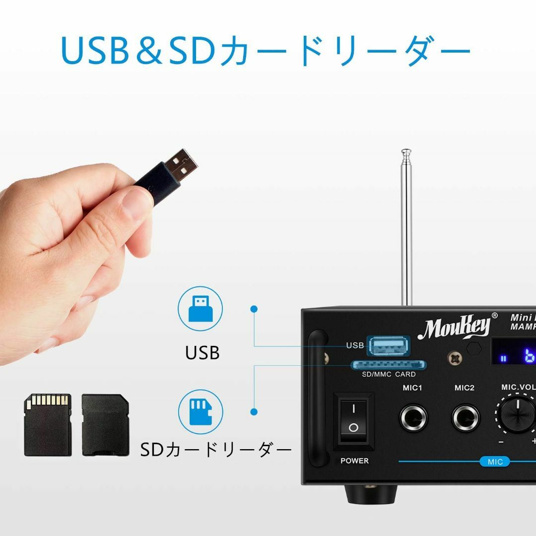 Moukey ステレオアンプ パワーアンプ オーディオアンプ カラオケ アンプ