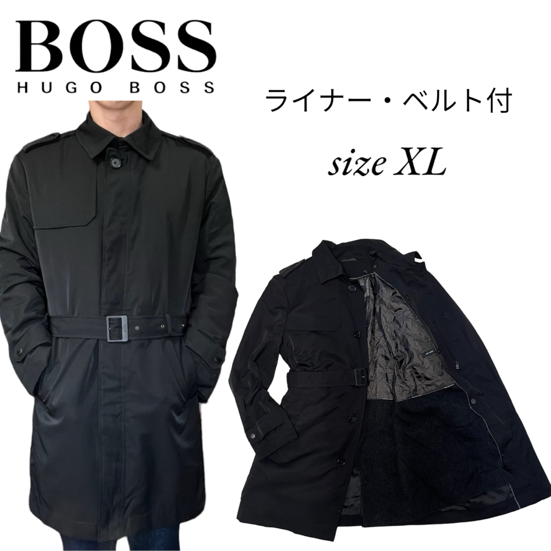 HUGO BOSS(ヒューゴボス)のHUGO boss ステンカラーコート　ライナー・ベルト付　ブラック　黒タグ メンズのジャケット/アウター(ステンカラーコート)の商品写真