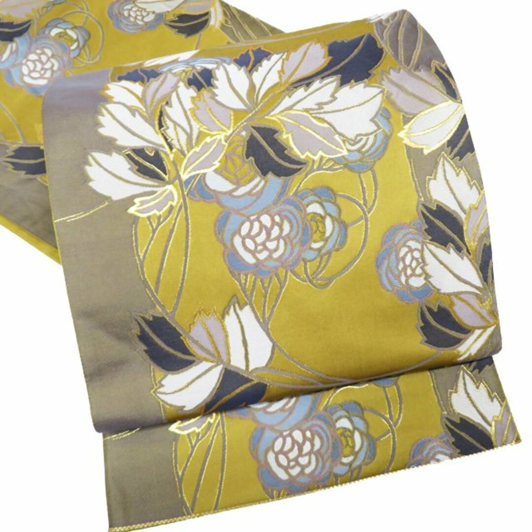 袋帯  リサイクル 正絹 フォーマル 仕立て上がり 六通 花の図 芥子色 鼠系色 金 きもの北條 A947-13レディース