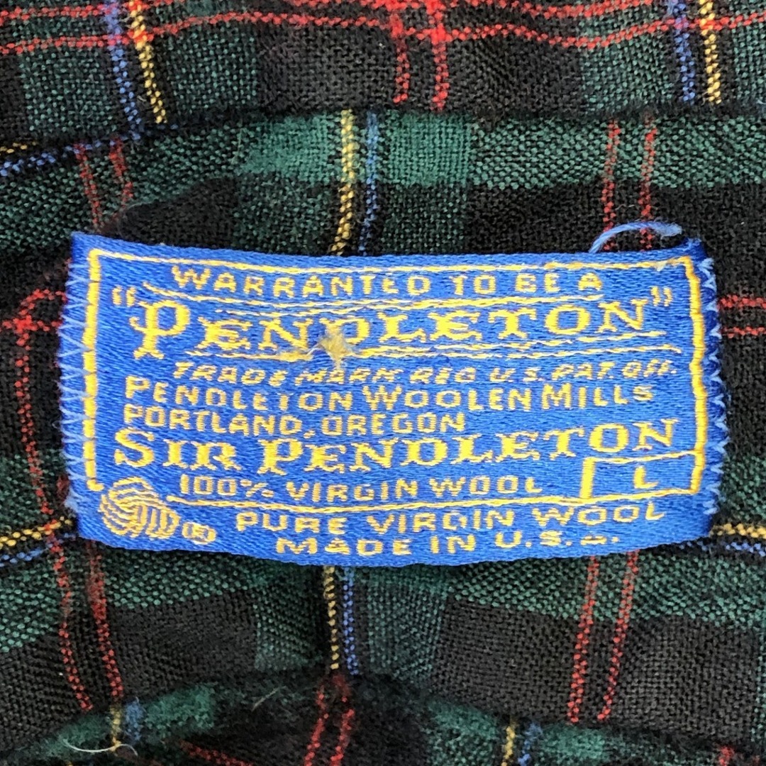 PENDLETON(ペンドルトン)の70年代 USA製 SIR PENDLETON ペンドルトン ウール チェック 長袖シャツ 防寒   ヴィンテージ グリーン (メンズ L) 中古 古着 O9461 メンズのトップス(シャツ)の商品写真