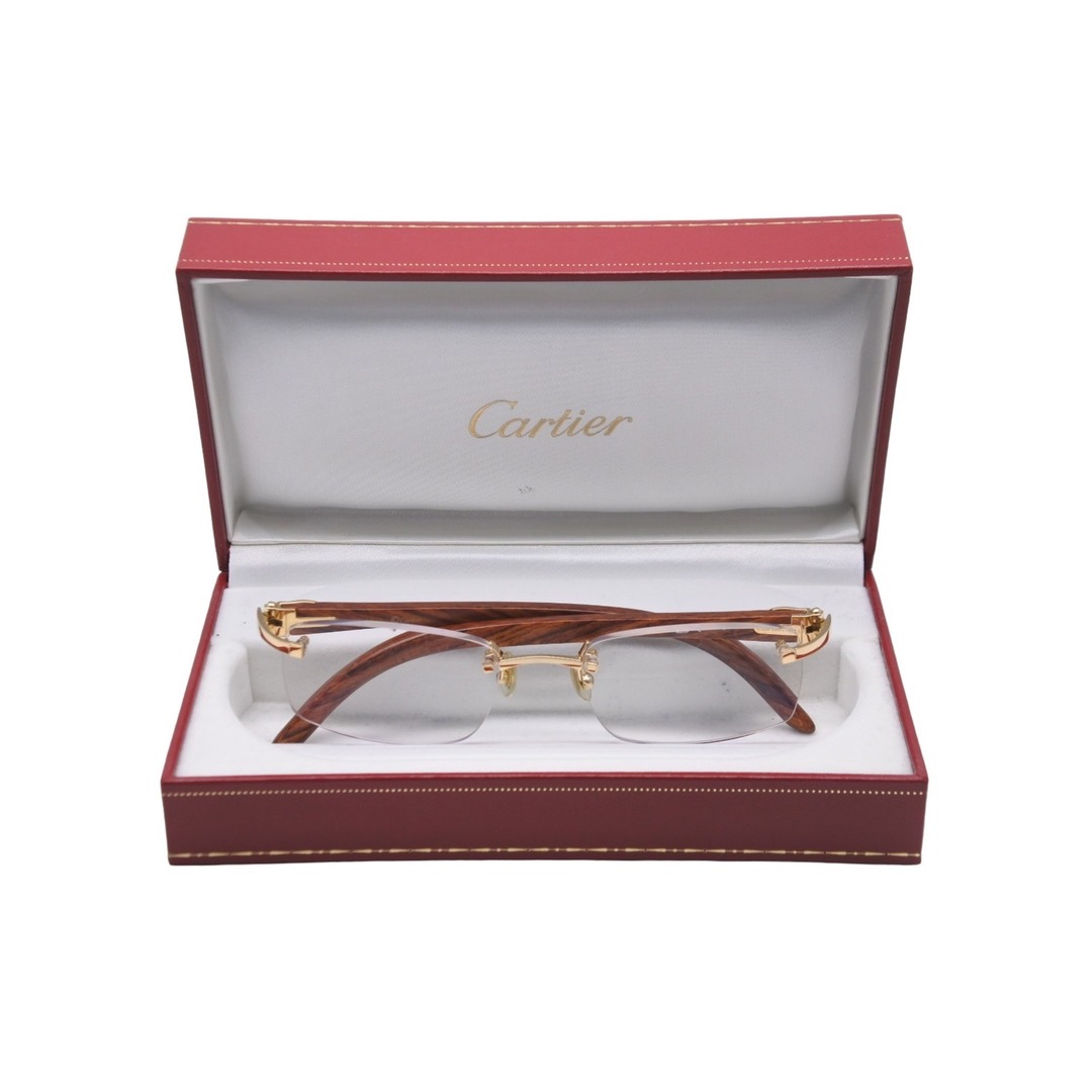 極美品 CARTIER カルティエ サングラス メガネ ウッド 度入り Cデコール リムレス □19 140b ブラウン ゴールド  56527