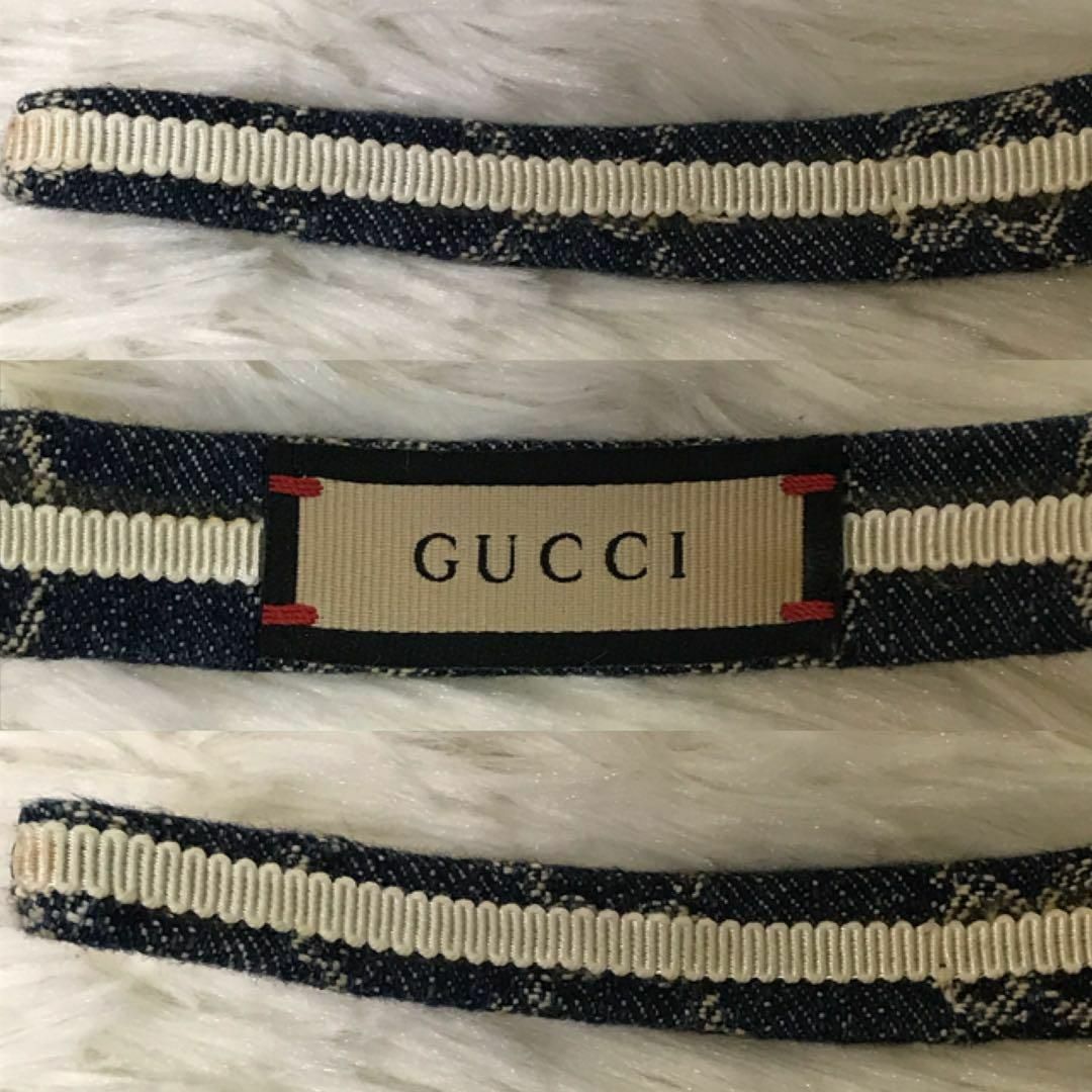 Gucci(グッチ)の【極美品】グッチ カチューシャ GG柄 デニム マーモント金具 ゴールド金具 レディースのヘアアクセサリー(ヘアバンド)の商品写真