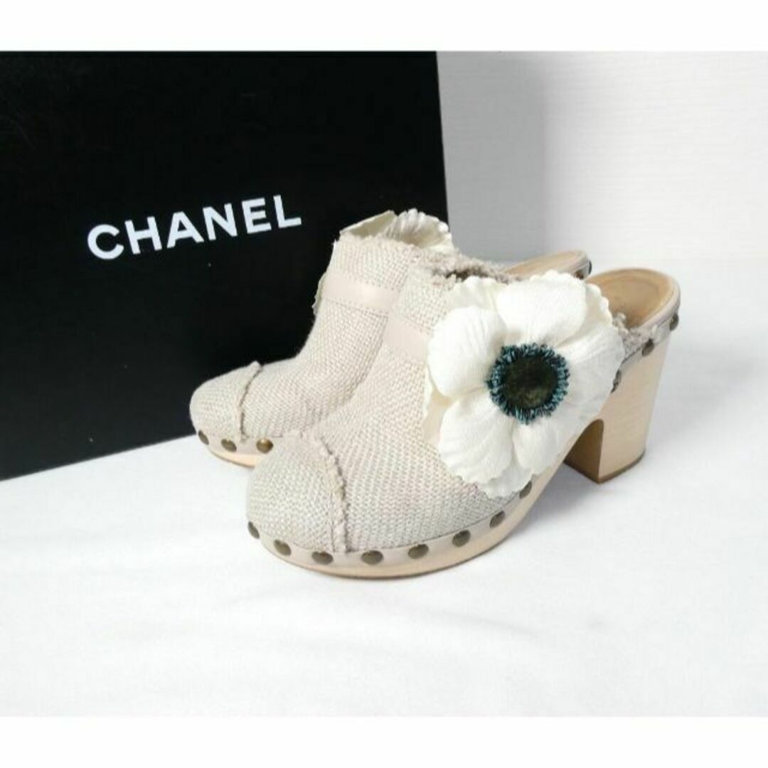 75㎝ヒールの高さ美品 CHANEL リネン フラワー チャンキーヒール サボサンダル