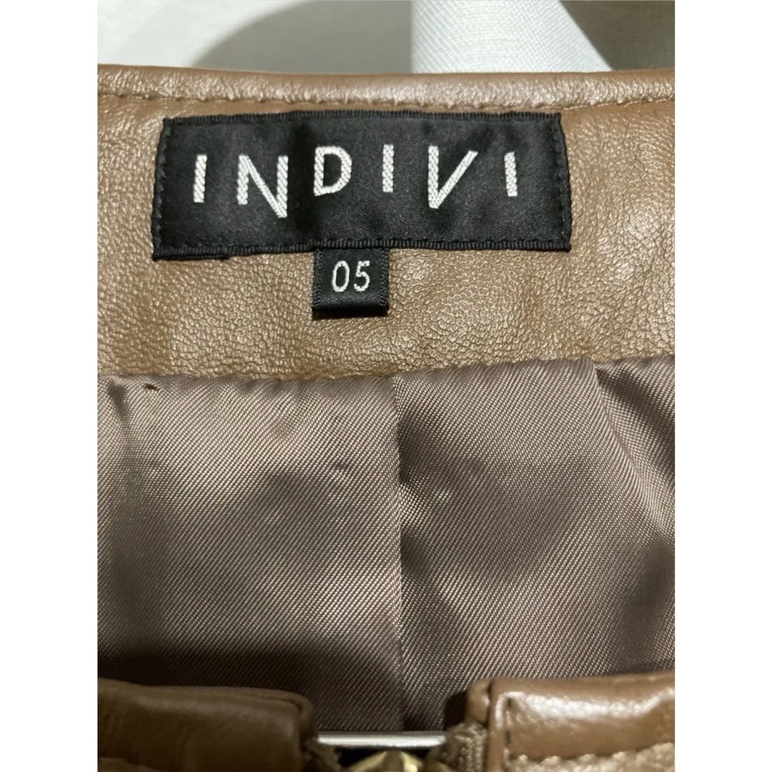 インディヴィ　ノーカラー　レザージャケット　羊革　シングル　ベージュ系　美品