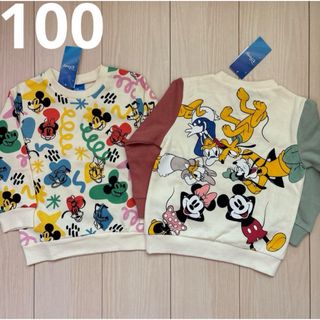 ディズニー(Disney)の【Disney】総柄☆袖切り替え ミッキートレーナー 2点セット 100(Tシャツ/カットソー)