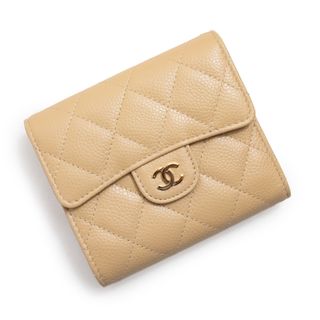 シャネル CHANEL スモール ウォレット グレインドカーフスキン キャビアスキン ベージュ ゴールド金具 AP3055 キルティング マトラッセ ココマーク チェーンモチーフ 二つ折り財布 ミニ財布 小財布 ランダムシリアル 未使用品